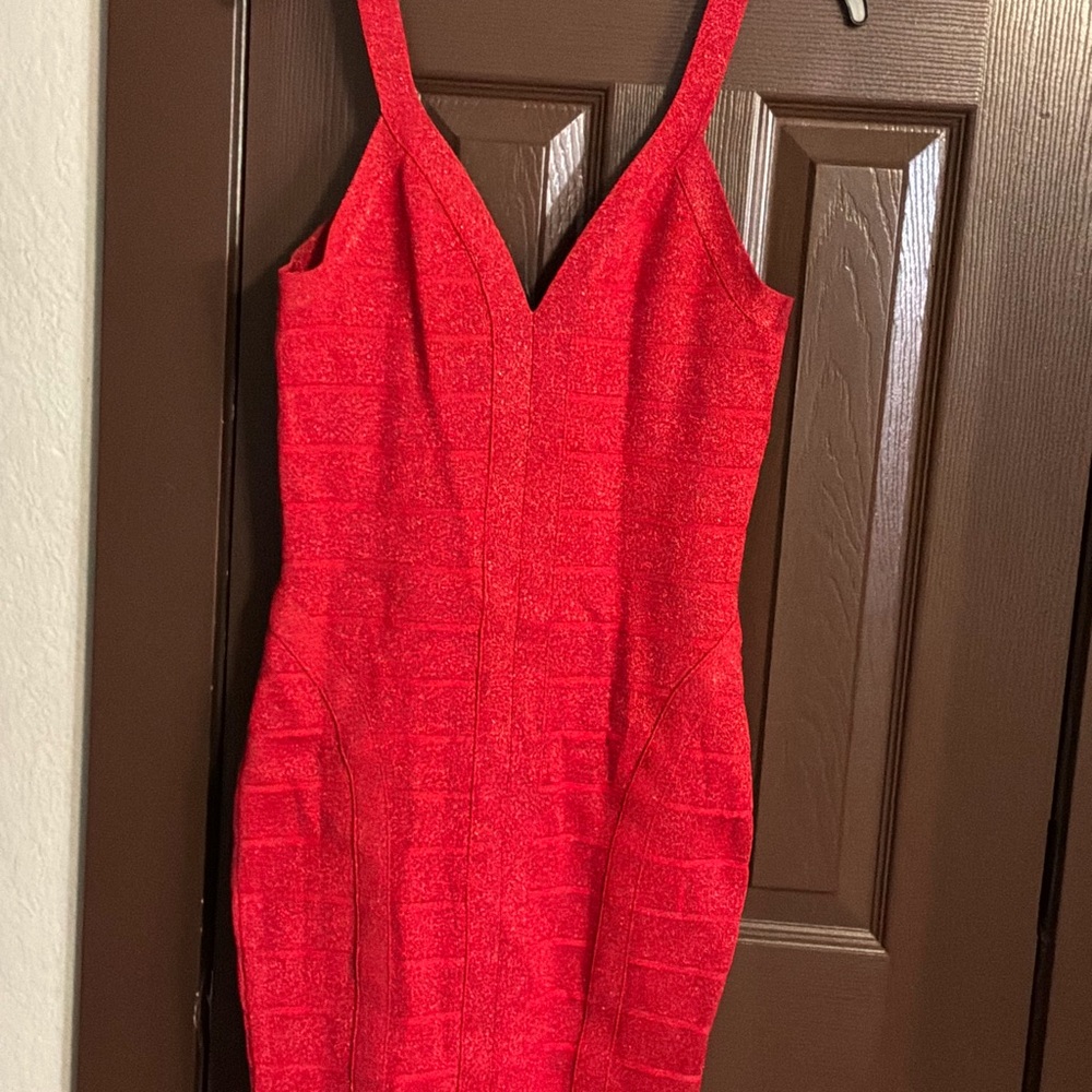 Guess Red V-Neck Bodycon Mini Dress